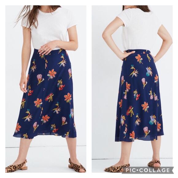 Madewell Navy Floral Midi Skirt Size 10 - Picture 1 of 6
